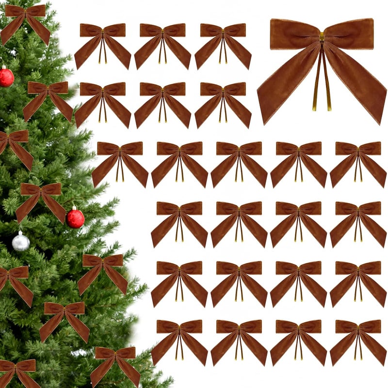 CCILAND Store 24 Pcs Dark Brown Small Velvet Bows for Christmas Tree, 3.54 Inch Mini Christmas Bows for Gift Wrapping, Twist Tie Velvet Bows Xmas Ornaments for Wreath, Crafts, Party, Wedding - Image 1